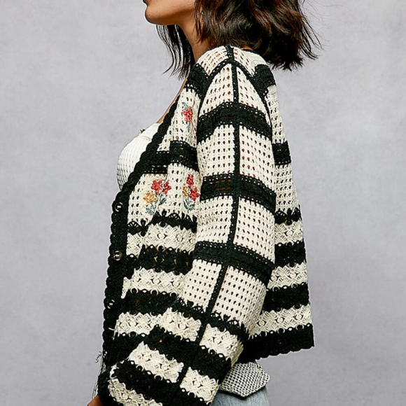 POL Crochet Stripe Floral Embroidered Cardigan One Size Boho Cottagecore - Picture 4 of 6